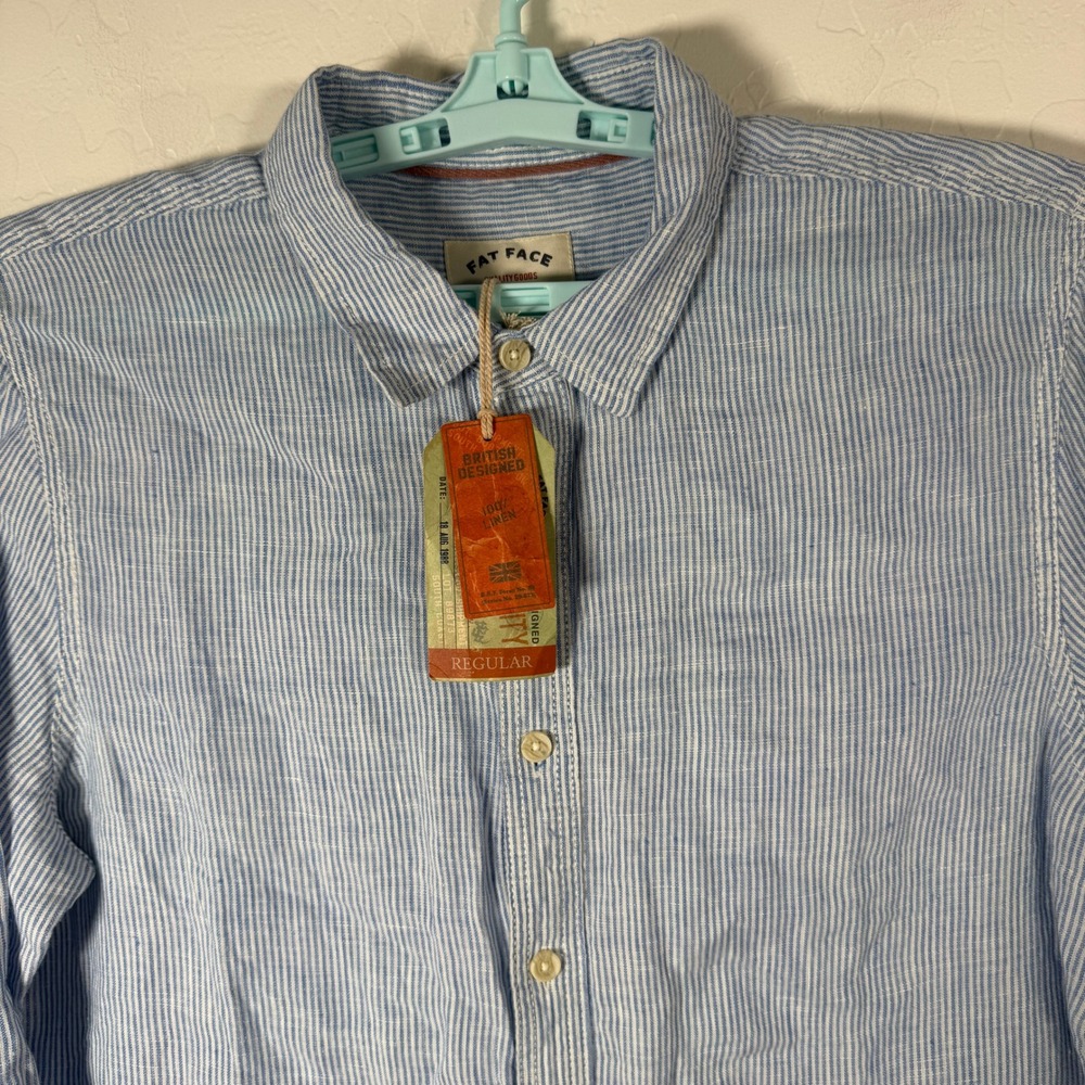 Fat Face Shirt Mens Large Blue Linen Button Up Long Sleeve Striped New